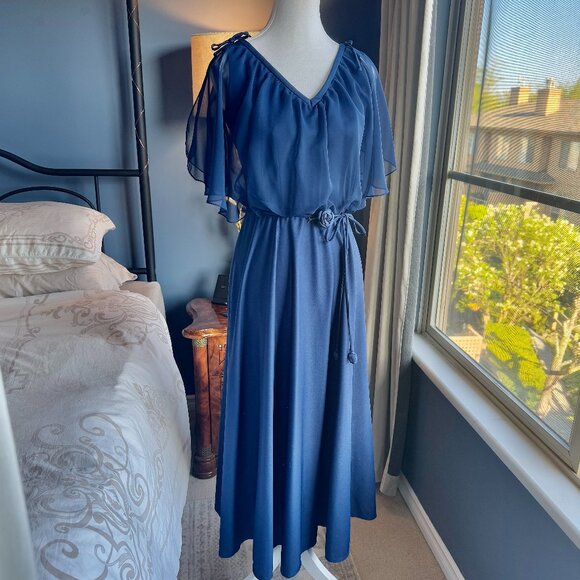Vintage Navy Blue Chiffon Maxi Dress - Picture 2 of 14